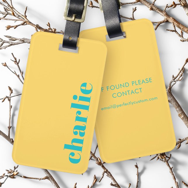 Moderne Typografie gelb und aquamarin Gepäckanhänger (Modern typography yellow and teal luggage tag)