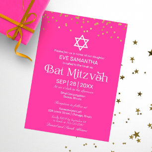 Moderne Typografie Gold Konfetti Pink Bat Mizwa Einladung