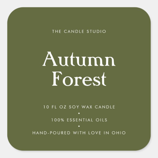Moderne Typografie Grüne Verpackung Kerzenkosmetik Quadratischer Aufkleber (Vorderseite)