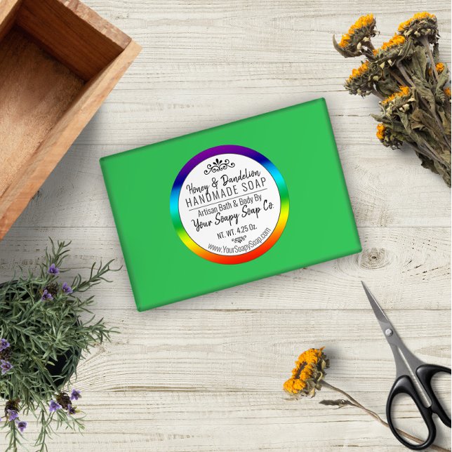 Moderne Typografie Handmade Soap Rainbow Border Runder Aufkleber (Von Creator hochgeladen)