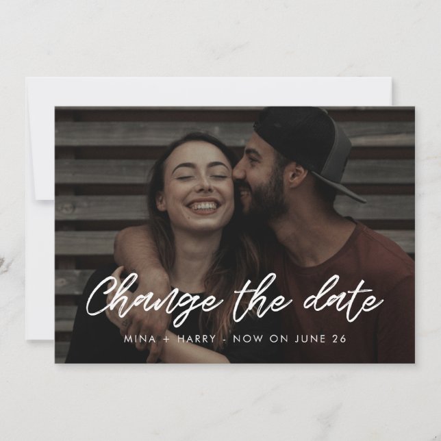 Moderne Typografie Hochzeit Ändern Sie das Datum Ankündigung (Vorderseite)