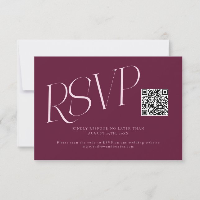 Moderne Typografie Hochzeits-QR-Code Cranberry RSVP Karte (Vorderseite)
