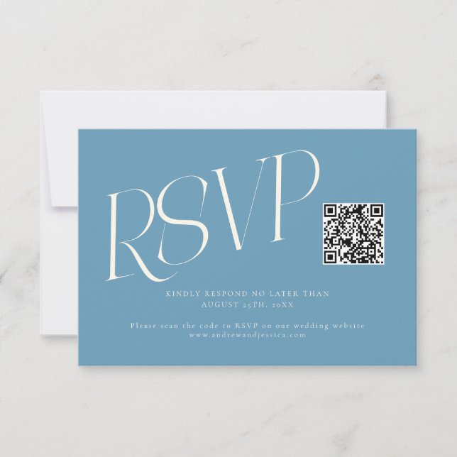 Moderne Typografie Hochzeits-QR-Code Denimblau RSVP Karte (Vorderseite)