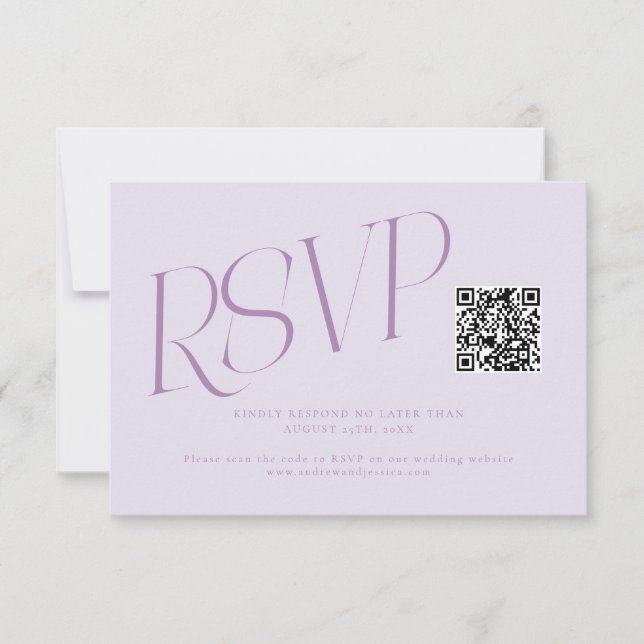 Moderne Typografie Hochzeits-QR-Code Lila RSVP Karte (Vorderseite)