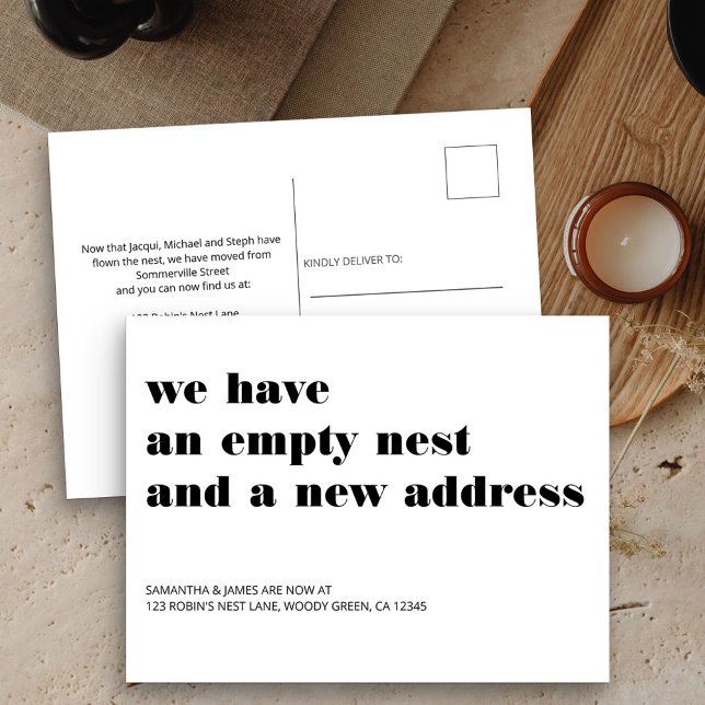 Moderne Typografie leert Nest neue Adresse Ankündigungspostkarte (New Address postcard with minimalist typography design)