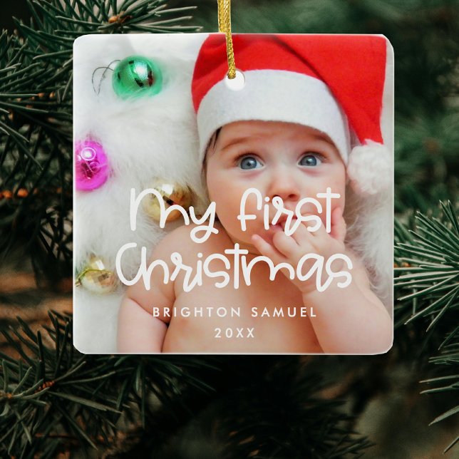 Moderne Typografie Mein erstes Weihnachtsbaby-Foto Keramikornament (Von Creator hochgeladen)