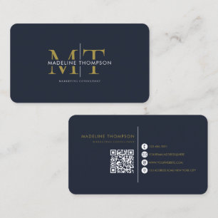 Moderne Typografie-Monogramm Navy Blau Gold QR-Cod Visitenkarte