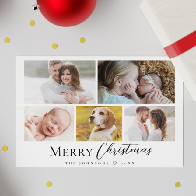 Moderne Typografie Multi Foto Frohe Weihnachten (Merry Christmas family photo collage simple holiday card.)