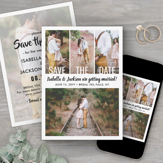 Moderne Typografie Overlay Foto Collage Wedding Save The Date (Von Creator hochgeladen)