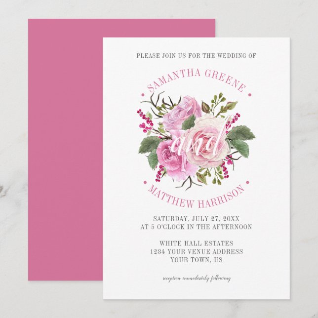 Moderne Typografie Pink Roses Grüne Hochzeit Einladung (Vorne/Hinten)