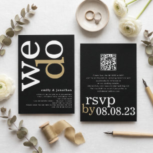 Moderne Typografie QR Code White Gold Black Weddin Einladung