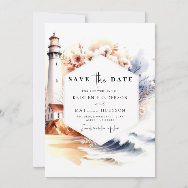 Moderne Typografie Romance Lighthouse Wedding Save The Date (Vorderseite)