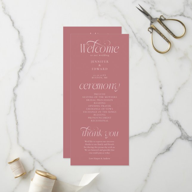 Moderne Typografie Rosé Hochzeitsprogramm Programm (Vorderseite/Rückseite Beispiel)