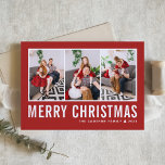 Moderne Typografie - Rote FotoCollage Weihnachten<br><div class="desc">Frohe Weihnachten! Senden Sie Ihre herzlichen Wünsche in dieser Saison mit dieser personalisierbaren Weihnachtskarte für das Foto. Es zeichnet sich durch einfache Typografie mit einem roten Hintergrund aus. Personalisieren Sie Ihre Fotos,  Namen,  Jahr und andere Details. Diese moderne Weihnachtskarte ist in anderen Farben und mit Karton erhältlich.</div>