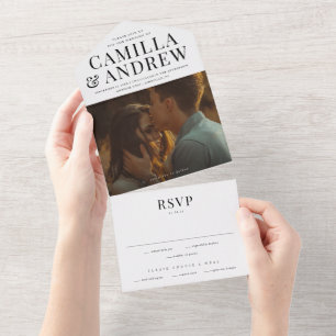 Moderne Typografie Schwarz-Weiß-Foto-Hochzeit All In One Einladung