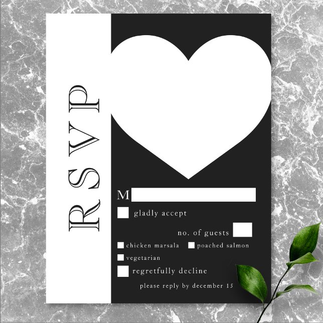 Moderne Typografie Schwarz-weiß Heart Wedding Dinn RSVP Karte (Modern Typography Black White Heart Wedding Dinner RSVP Card)