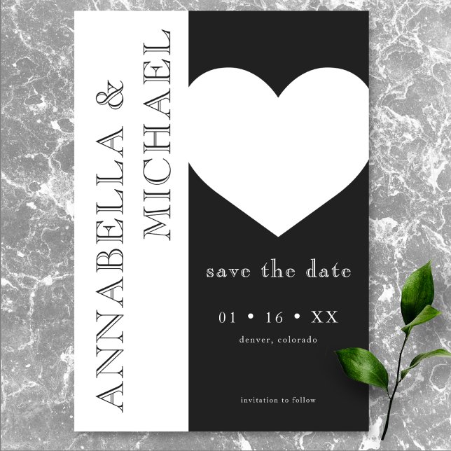 Moderne Typografie Schwarz-weiß Heart Wedding Save The Date (Modern Typography Black White Heart Wedding Save The Date)