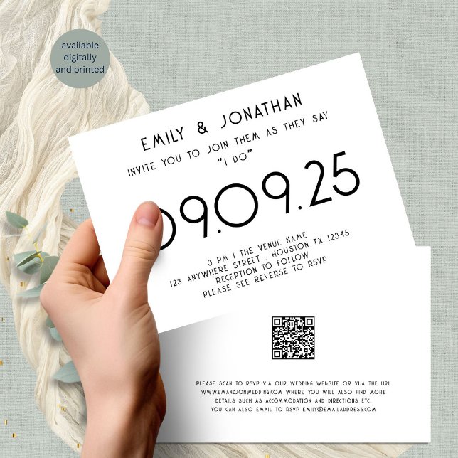 Moderne Typografie Schwarz-weiß Hochzeit Einladung (Front and back view)