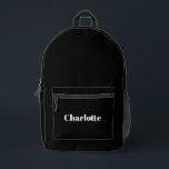 Moderne Typografie Schwarz-weißer individuelle Nam Bedruckter Rucksack<br><div class="desc">Moderner typografischer Schwarz-Weiß-individuelle Name,  Text oder Monogramm personalisiert druckter Rucksack. Anpassbarer Schriftart mit weißer Serifenfarbe auf schwarzem schlichtem Hintergrund. Sie können wählen,  den Text zu löschen und haben nur einen schlichten schwarzen Rucksack mit fester Farbe. Dieser Rucksack ist ideal für Kinder und Erwachsene.</div>
