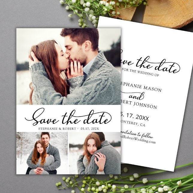 Moderne Typografie Script 3 Foto Collage Wedding Save The Date (Von Creator hochgeladen)