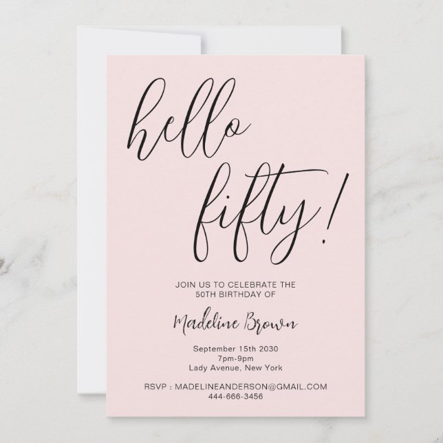 Moderne Typografie Script Blush Pink 50. Geburtsta Einladung (Vorderseite)