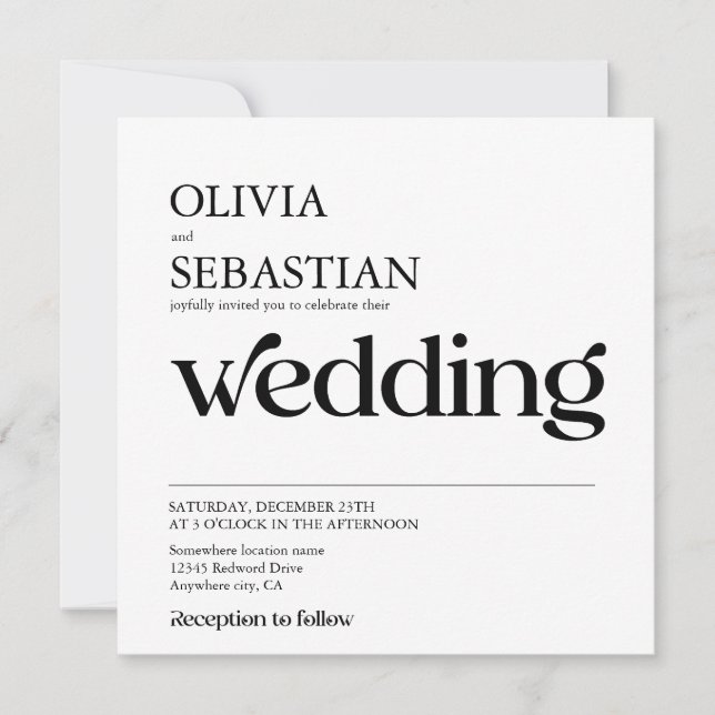 Moderne Typografie Square Foto White Wedding Einladung (Vorderseite)