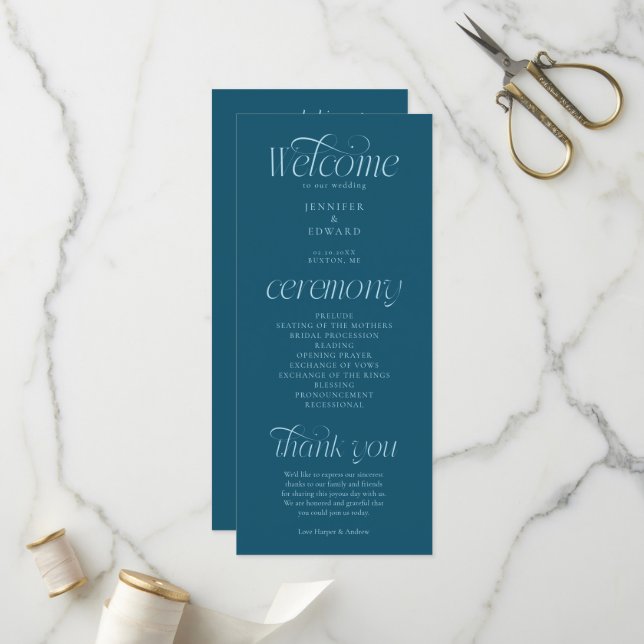 Moderne Typografie Türkise Hochzeitsprogramm Programm (Vorderseite/Rückseite Beispiel)