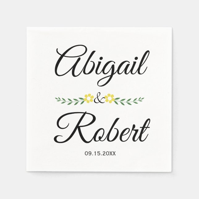 Moderne Typografie und Hochzeit gelber Blumen Serviette (Vorderseite)