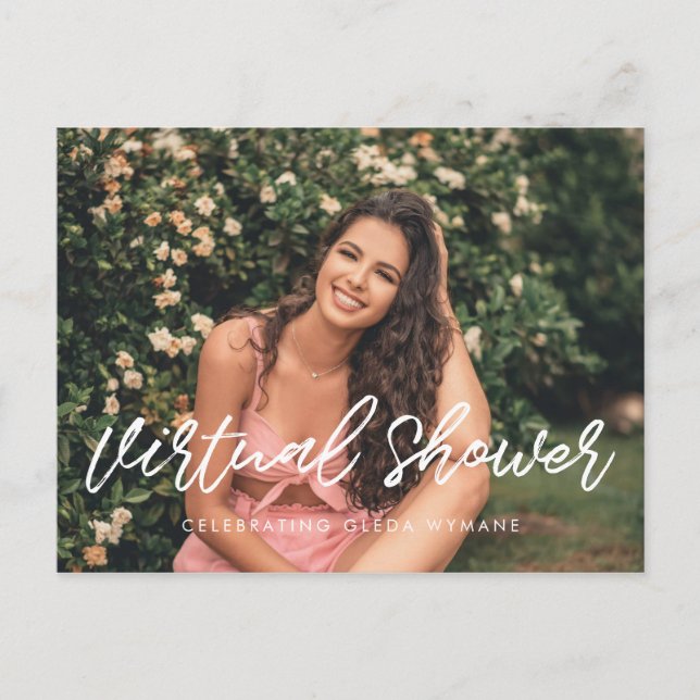 Moderne Typografie Virtual Brautparty Foto Postkarte (Vorderseite)