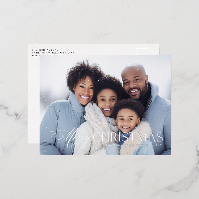 Moderne Typografie Weihnachtsfeiertag Foto Folie Einladungspostkarte (Vorderseite/Rückseite)