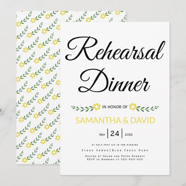 Moderne typografische gelbe Hochzeitsessen Probe Einladung (Vorne/Hinten)