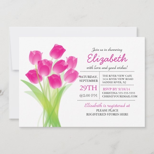 Moderne typografische Pink Tulip Baby Dusche Einladung (Vorderseite)
