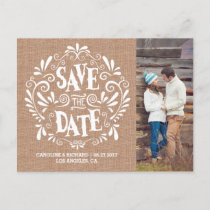 MODERNE TYPOGRAPHIE BURLAP SAVE THE DATE POSTCA ANKÜNDIGUNGSPOSTKARTE