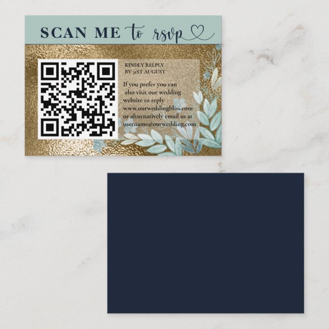 Moderne UAWG QR Code Navy Blue & Gold Hochzeit Begleitkarte (Vorne/Hinten)