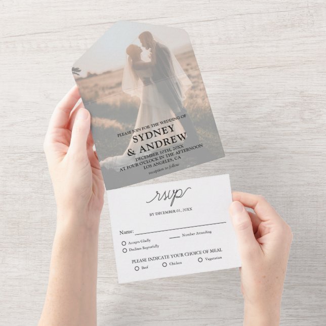 Moderne UAWG Wedding mit elegantem White Foto All In One Einladung (Abreißen)