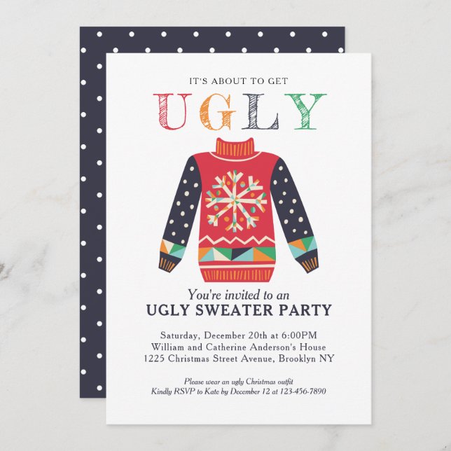 Moderne Ugly Sweater Holiday Party Weihnachten Einladung (Vorne/Hinten)