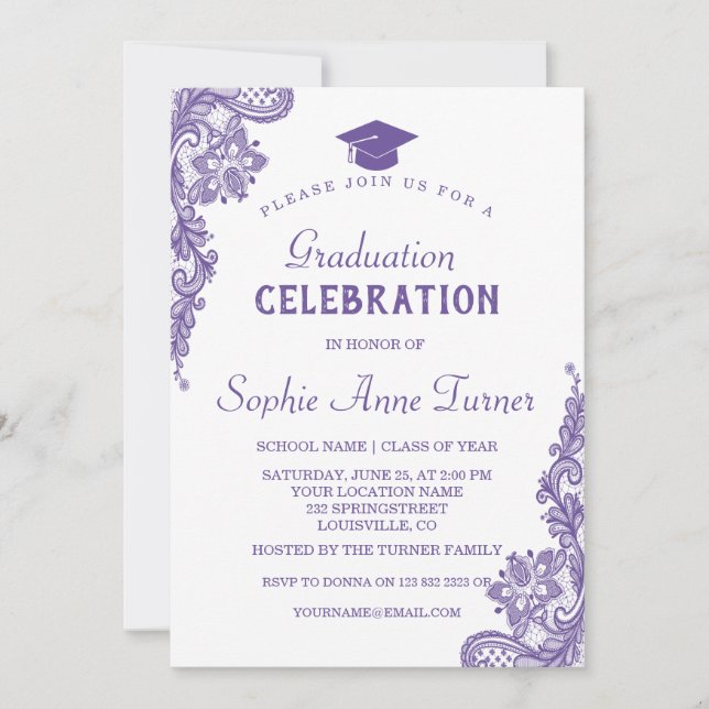 Moderne Ultra Violet Lace Graduation Party Einladung (Vorderseite)