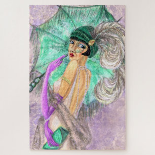 Moderne Umbrella Lady Puzzle Vintage Stilmalerei