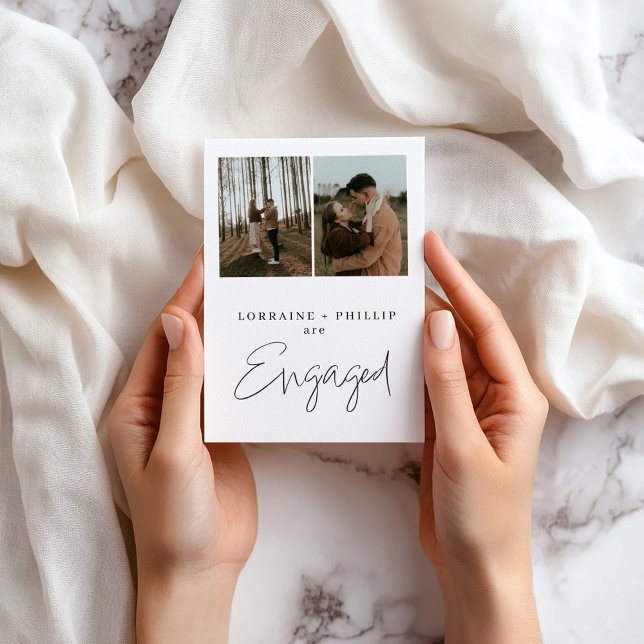 Moderne und einfache Ankündigung der Zwei-Foto-Ver (Contemporary “We’re Engaged” 2-Photo Invitation.)