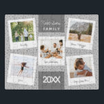 Moderne und einzigartige Familienfotografie Puzzle<br><div class="desc">Dieses einzigartige und moderne spotty family Foto druckt ein Collage Puzzle und bietet Ihnen die Möglichkeit, Ihre eigenen 5-Foto-Drucke mit einem einfachen weißen Kamerarahmen und einer Bildunterschrift für jedes einzelne Bild hinzuzufügen. Dieses trendige und einfache, graue personalisierte Fotografiedesign ist das perfekte Sake-Memory-Geschenk für alle Mütter, Großmutter oder andere Familienmitglieder, die...</div>