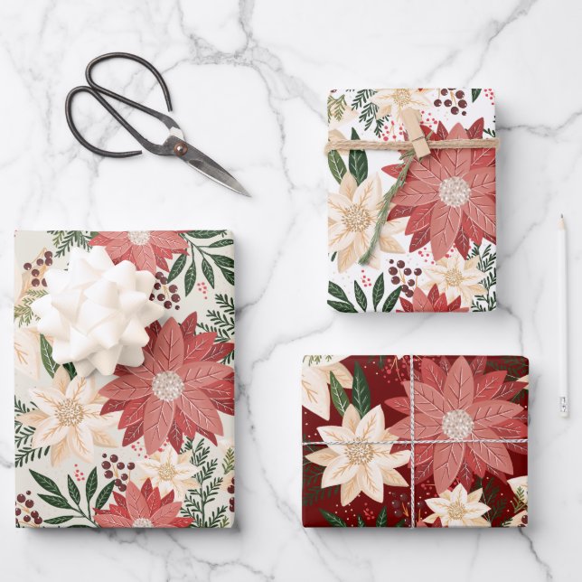 Moderne und festliche Botanische Poinsettie Geschenkpapier Set (Vorderseite)