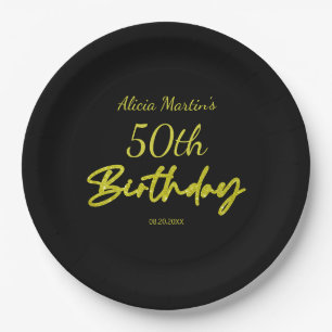 Moderne und minimale gelbe Typografie Black Birthd Pappteller
