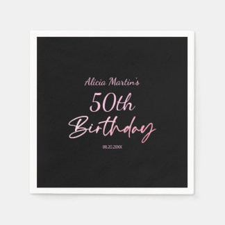 Moderne und minimale rosa Typografie Black Birthda Serviette