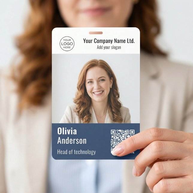 Moderne Unternehmens-Foto-ID mit QR-Code in Blau Ausweis (Von Creator hochgeladen)