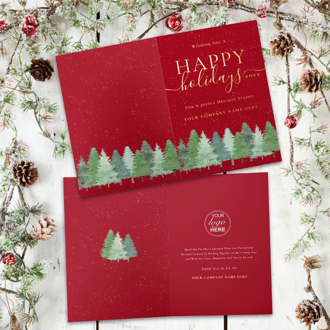 Moderne Unternehmens-Logo Winterwald Rot Gold (Modern winter woodland corporate happy holidays red and gold foil card Watercolor fir tree forest)