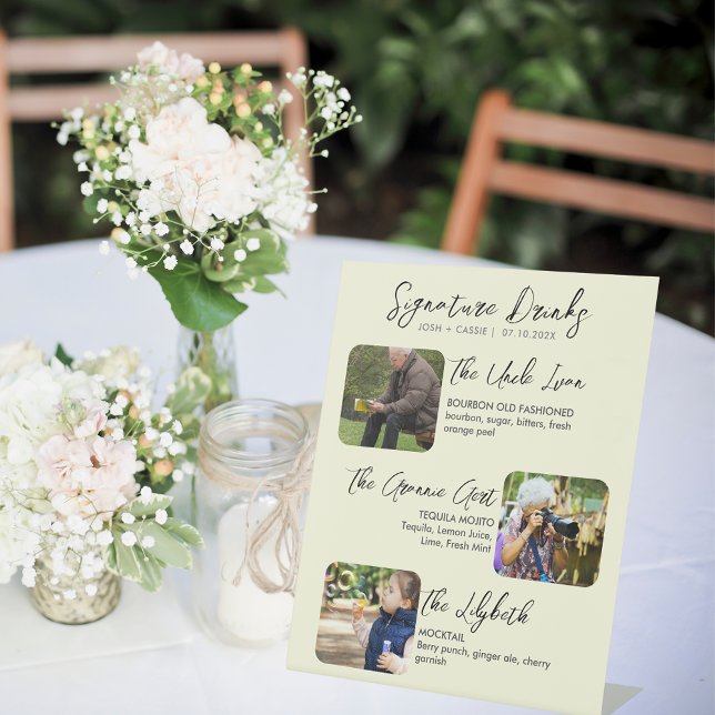 Moderne Unterschriften Getränke Drei-Foto-Hochzeit Sockelschild (Von Creator hochgeladen)