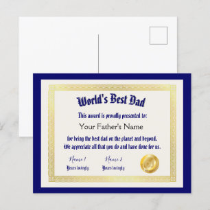 Moderne Urkunde für den besten Papa der Welt Postkarte