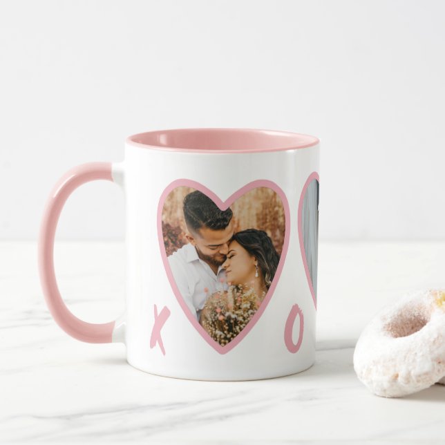 Moderne Valentines Blush Pink Hearts Foto Tasse (Mit Donut)