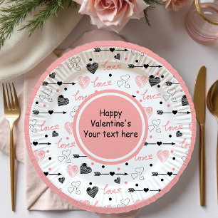 Moderne Valentinstag-Rosa-Schwarze-Herzen-Skizze-T Pappteller