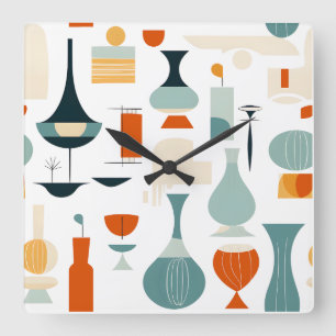 Moderne Vase Mitte des Jahrhunderts Form auf Weiß Quadratische Wanduhr